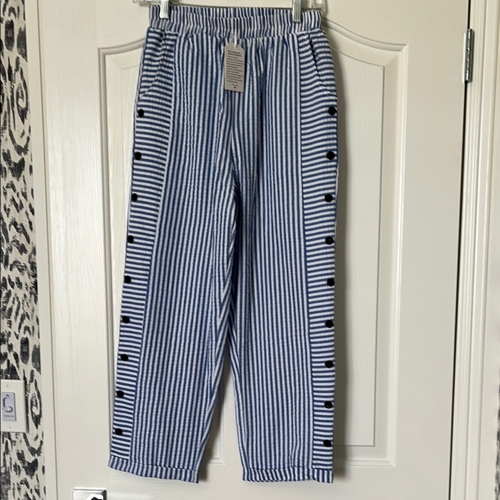 Blue and White Striped Joggers with Elastic Waistband